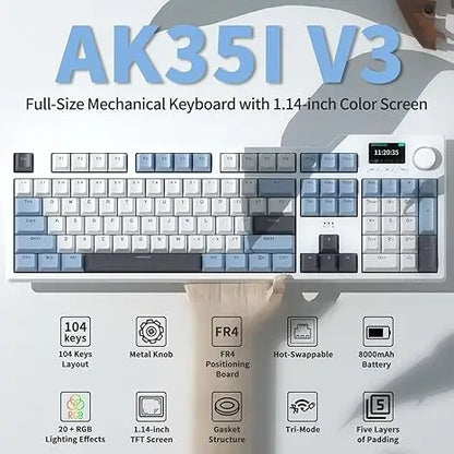 Ajazz AK35I V3 MAX 8000mAh battery Gaming mechanical keyboard Tri-mode Wired Bluetooth Wireless Hot-swappable TFT color screen