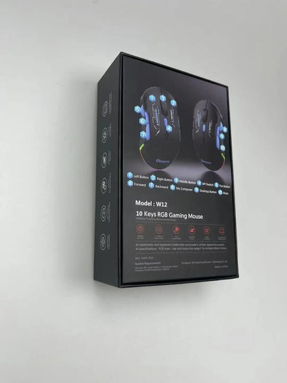 MKESPN W12 10-knappers makro-gamingmus til begge hænder, trådløs Bluetooth, multikanal, tri-mode, stor RGB, ergonomisk og ambidekstral