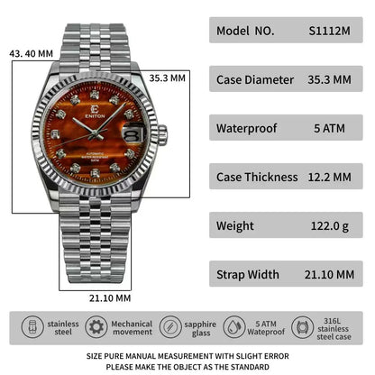 Eniton 36mm Men's Mechanical Watch Stainless Steel Peacock Stone Tiger Eye Dial NH35 Movement
