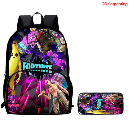 Fortnite Cartoon 2-Piece Set Backpack with Front Pocket Pencil Case Unisex Large Capacity School Bag Ages 5-8
