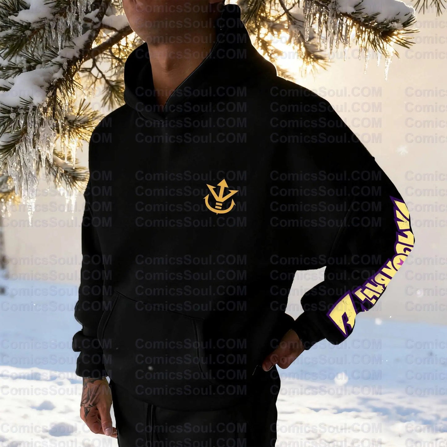 Set felpa con cappuccio nera Dragon Ball Z Frieza Golden Form con stampa posteriore effetto energia viola, in cotone, con logo M