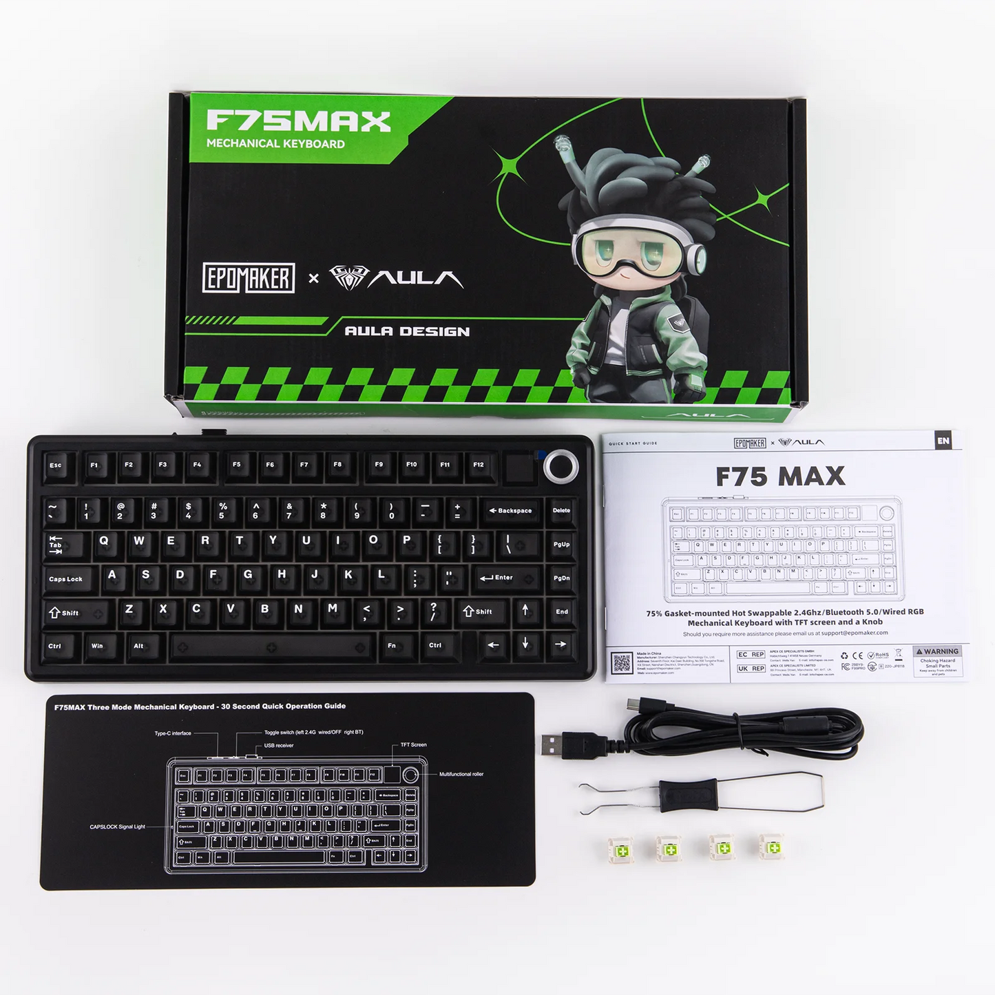 EPOMAKER X AULA F75 MAX Compact 75% Wired/BT5.0/2.4GHz Wireless Mechanical Gaming Keyboard with TFT Screen & Knob for PC/Mac