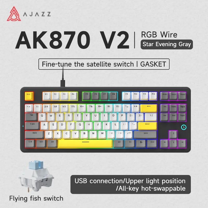 Ajazz AK870 V2 Gaming Mechanical Keyboard Is A Hot-Swaddable RGB Wired Gaming Keyboard Suitable For Various Scenarios On Laptops