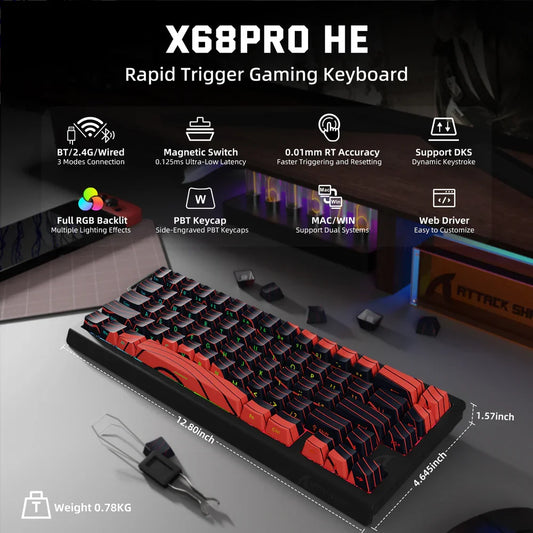 ATTACK SHARK X68PRO HE kabellose Rapid-Trigger-Gaming-Tastatur mit einstellbarer Auslösung, Hot-Swap, RGB-Hintergrundbeleuchtung, BT/2.4GHz/kabelgebunden
