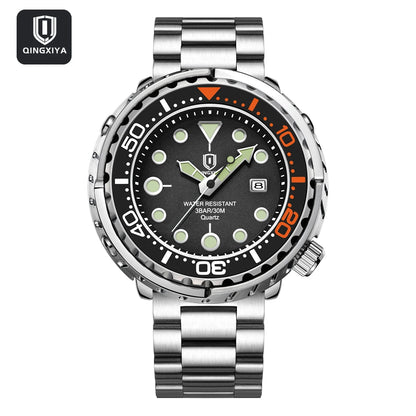 QINGXIYA Mens Watches Fashion Waterproof Luminous Date Rotating Dial High Quality Stainless Steel Luxury Brand Men Quartz Watch