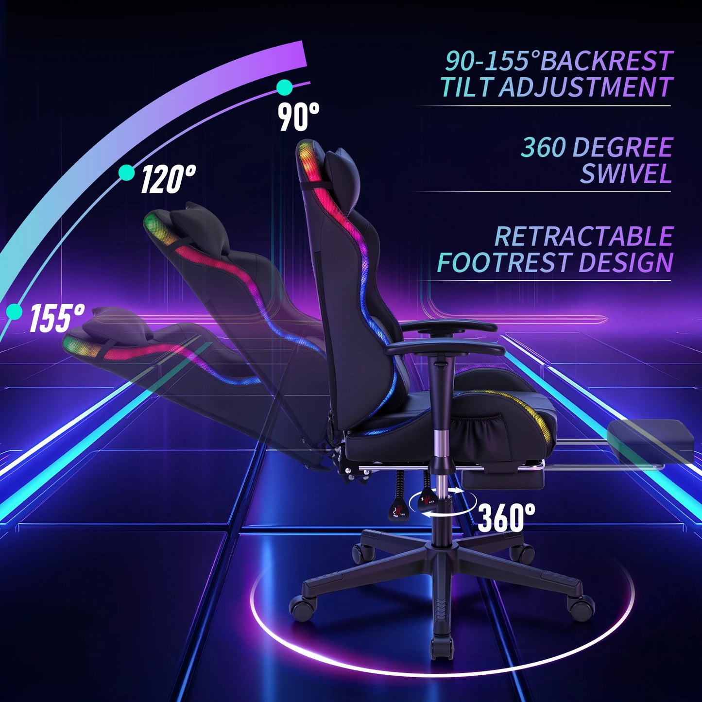 250Lbs Load LED Gaming Chair for Children 8-15 Years, Adjustable Gamer Chair with LED Lighting, Footrest & Lumbar Support