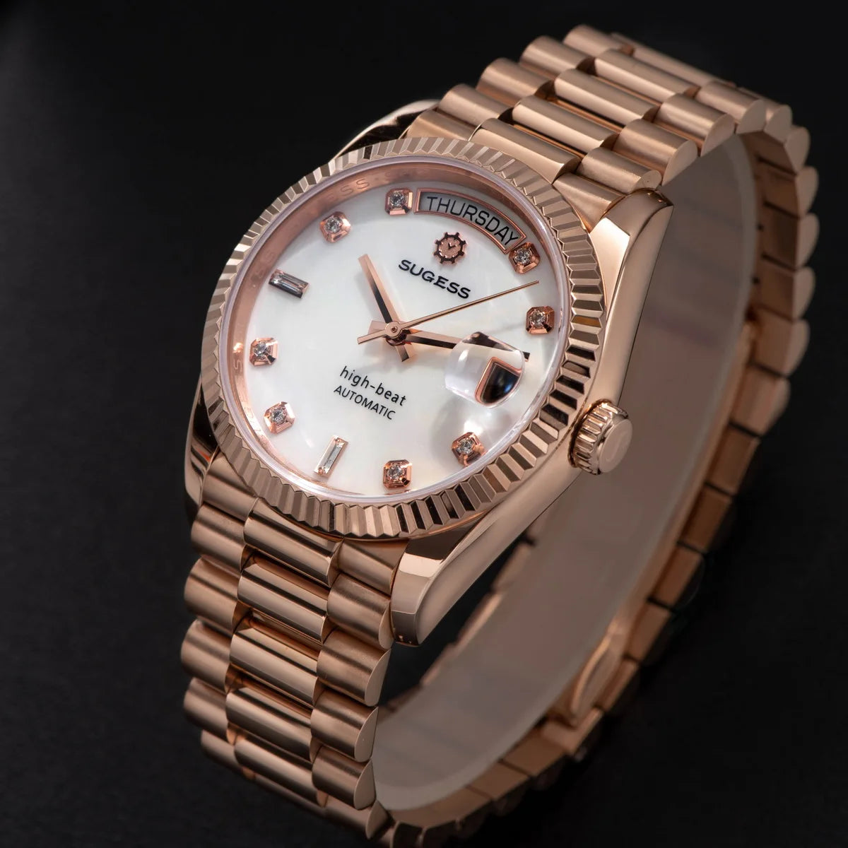 Sugess 36mm Mens of Watch Automatic Dandong Peacock SL3034 Day Movement Sapphire Glass 100m Waterproof Wristwatches MOP Date New