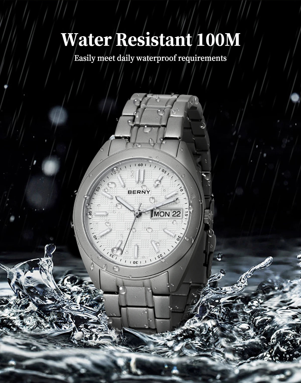 BERNY Full Titanium Men Watch Date Week Quartz Watches Calendar Sapphire Super Luminous 100M Waterproof Lightweight Wristwatch