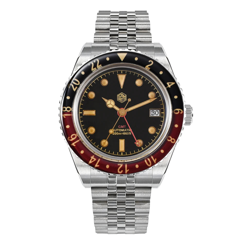 San Martin 40mm SN0005 Retro GMT NH34 Automatic Distressed Patina Dial Bi-color Sapphire Bezel Jubilee Mens Watches 20Bar Lume