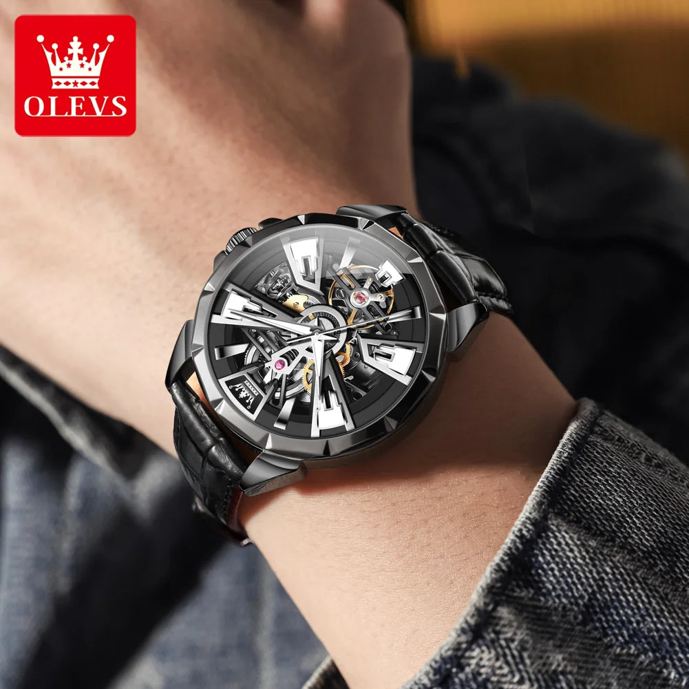 OLEVS 7051 Fashion Men's Watch Leather Strap 30M Waterproof Hollow HD Luminous Automatic Mechanical Wristwatch for Men