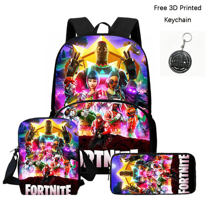 FORTNITE 3-teiliges Schulrucksack-Set, Umhängetasche mit Fronttasche und Federmäppchen, für Jungen und Mädchen von 5–10 Jahren, leicht, mit kostenlosem 3D-bedrucktem Schlüsselanhänger