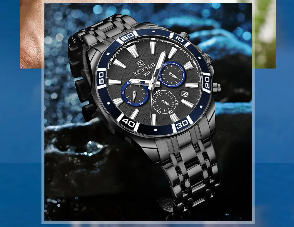 REWARD Mens Watches Waterproof  Luminous Quartz Wristwatch Business Stainless Steel Strap with gift box