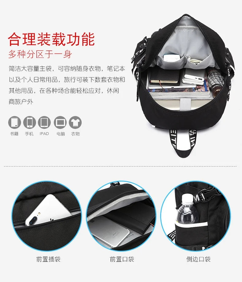 Mochila Fortnite de Grande Capacidade, Saco de Ombro Casual com Porta USB, Unissexo, Estilo Anime, para Estudantes, Nova Mala Escolar Elegante, Presente de Papelaria
