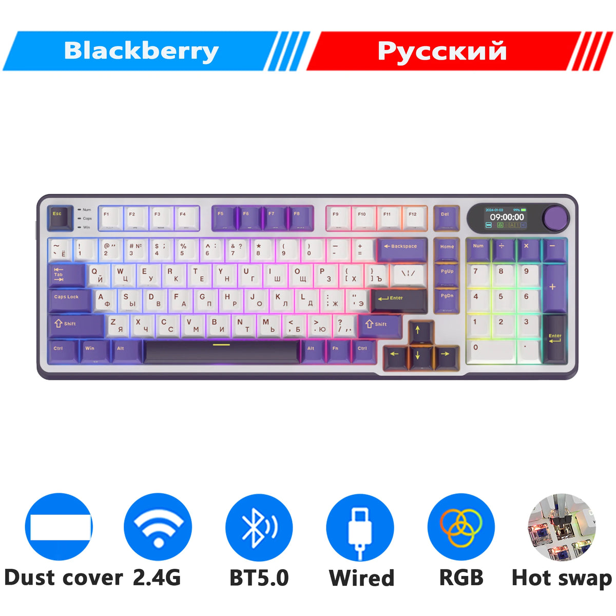 Clavier mécanique RK ROYAL KLUDGE S98 avec écran TFT en surface, 98 touches, RGB, BT 5.0/2,4 GHz/USB-C, clavier gaming sans fil, remplaçable à chaud
