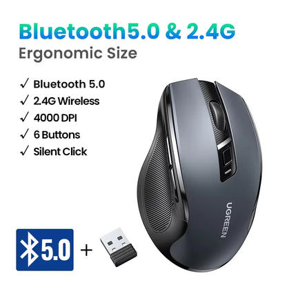 Rato sem fios UGREEN Bluetooth 5.0 ergonómico 4000DPI com 6 botões silenciosos para MacBook, tablet, portáteis, computador e PC, rato 2.4G