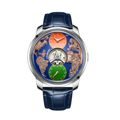 HANBORO World Time Series Men's Fully Automatic Mechanical Watch with Hollow Flywheel World Earth Personality Watch 1026