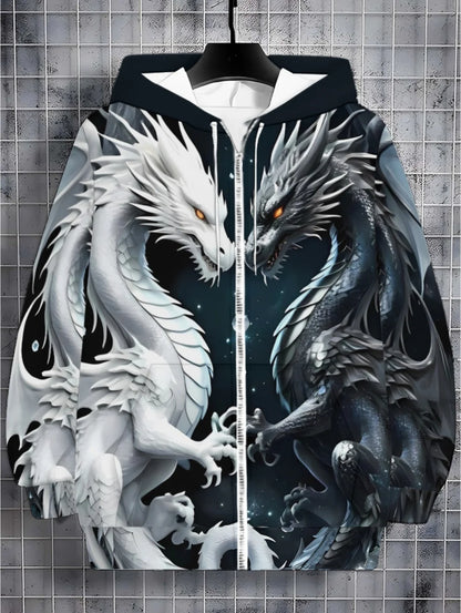 Men's Dragon Print Zipper Hoodie Outdoor Activities Travel Drawstring Long Sleeve Hoodies Autumn Winter Oversize Man Sweatshirts