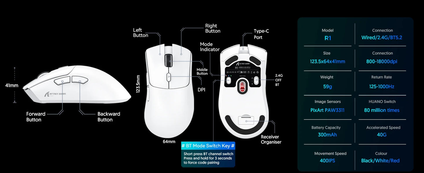 Rato Gaming Tri-Mode ATTACK SHARK R1, Sensor PixArt PAW3311, 18000 DPI, 1000hz, ultraleve de 59g para mãos grandes, para PC/Mac