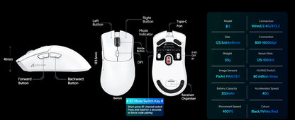 Rato Gaming Tri-Mode ATTACK SHARK R1, Sensor PixArt PAW3311, 18000 DPI, 1000hz, ultraleve de 59g para mãos grandes, para PC/Mac