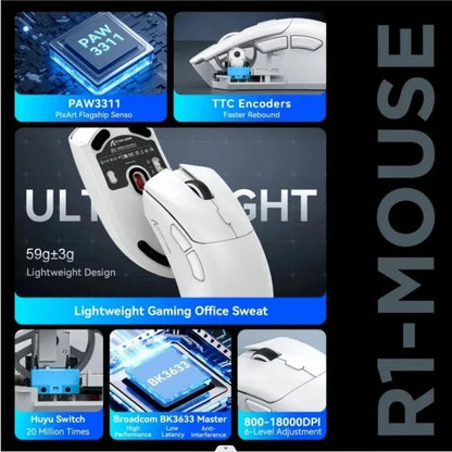 Mouse ultra-leggero ATTACK SHARK R1 59g con PAW3311, 18000DPI, 400IPS, 40G, 1000Hz, Tri-Mode, master Broadcom BK3633, 20 milioni di clic