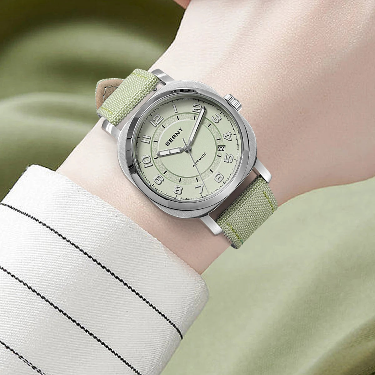 BERNY Mechanical Watch For Women Self-wind Pillow Cushion Sapphire Super Luminous Wristwatch Canvas Calendar Watch For Ladies