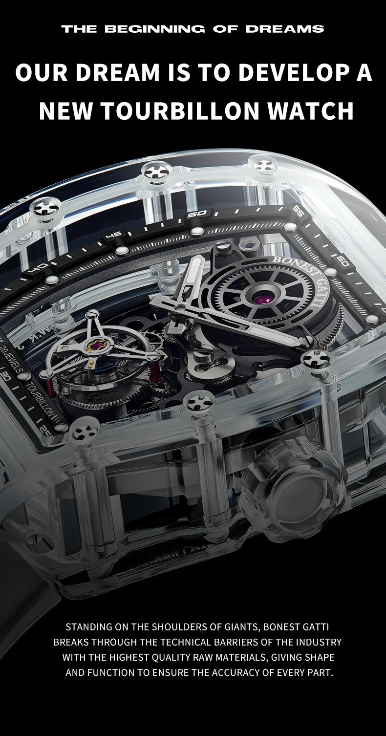 BONEST GATTI Luxury Men Automatic Tourbillon Watch Hollow Out Dial Crystal Case Sapphire Luminous Rubber Strap Wristwatch