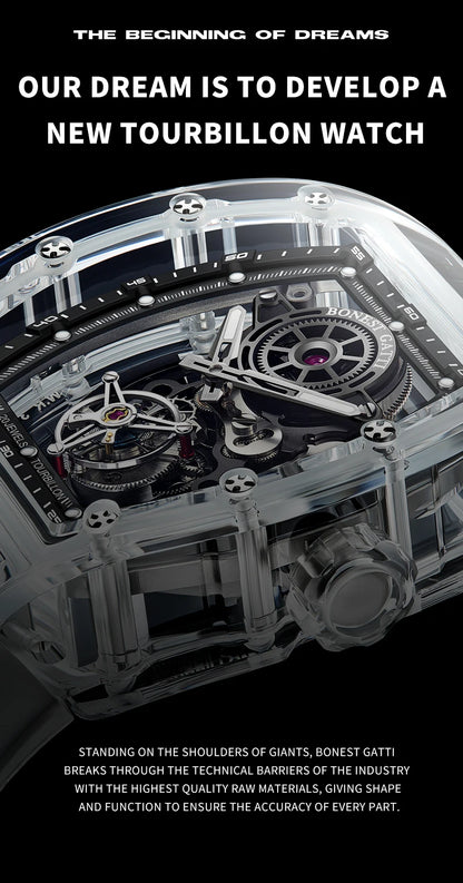 BONEST GATTI Luxury Men Automatic Tourbillon Watch Hollow Out Dial Crystal Case Sapphire Luminous Rubber Strap Wristwatch