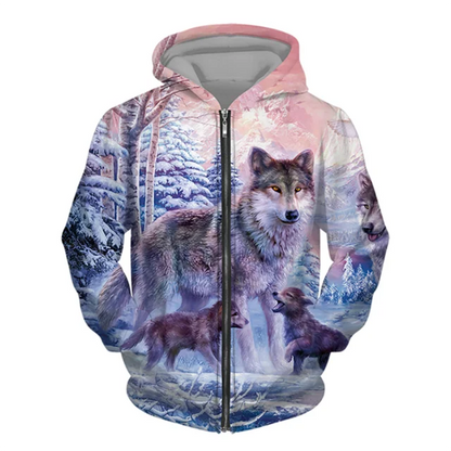 3D Wolf Print Men Zipper Hoodies Fashion Animal Pattern Top Coat Street Punk Style Oversized Sweatshirts Outdoor Leisure Jackets