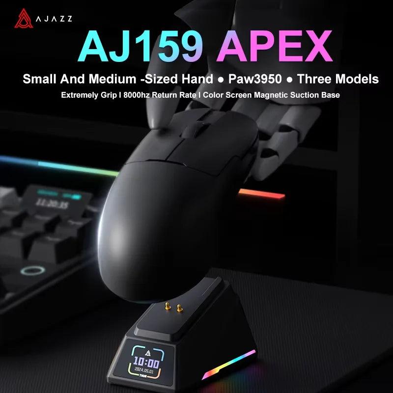 Rato Gaming Sem Fios AJAZZ AJ159 APEX Tri-Mode 8K, Sensor PAW3950 de Baixa Latência, Base de Carregamento, Personalizável, Leve, para PC Gamer
