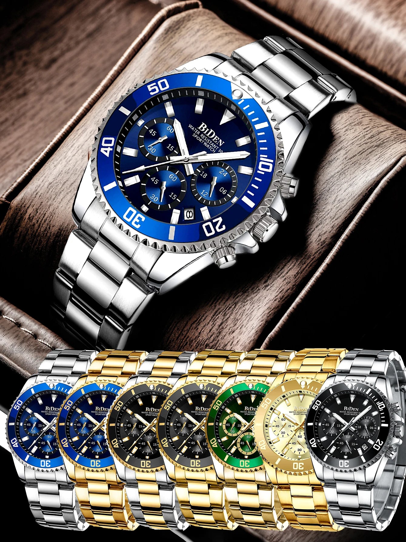BIDEN Multi-functional men's quartz watch luxury waterproof night light business style diving series casual fashion watch