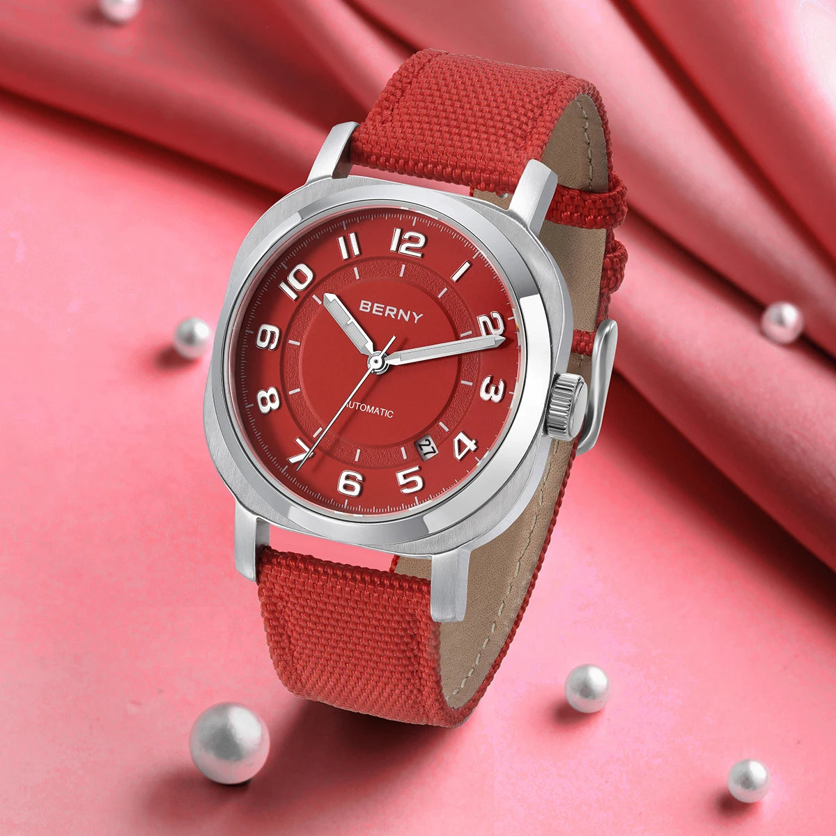 BERNY Mechanical Watch For Women Self-wind Pillow Cushion Sapphire Super Luminous Wristwatch Canvas Calendar Watch For Ladies