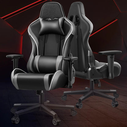 Gaming Chair, Ergonomic, with Headrest Lumbar Pillow, 135° Reclining, PU Leather Computer Chair, Black Gray