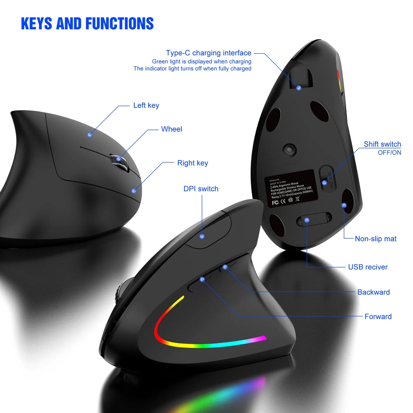 Nuevo ratón vertical inalámbrico 2.4GHz con DPI ajustable, óptico, ergonómico para la muñeca, con retroiluminación gaming, para portátil, tablet, Mac e iPad