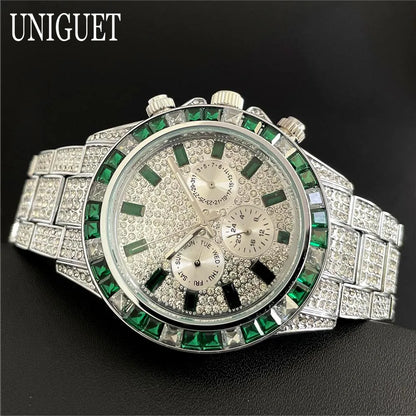 Hot Fashion Green Watches Men Brand UNIGUET Luxury Stainless Steel Hip Hop Rainbow Diamond Quartz Wristwatch Male Dropshipping ﻿