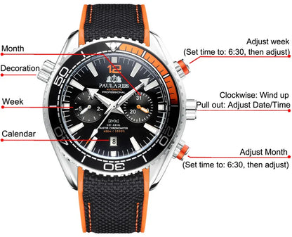 Classic Luxury Men Automatic Watch Multifunction Mechanical Wristwatch Rubber Strap Waterproof Week Date Watches Reloj Hombre