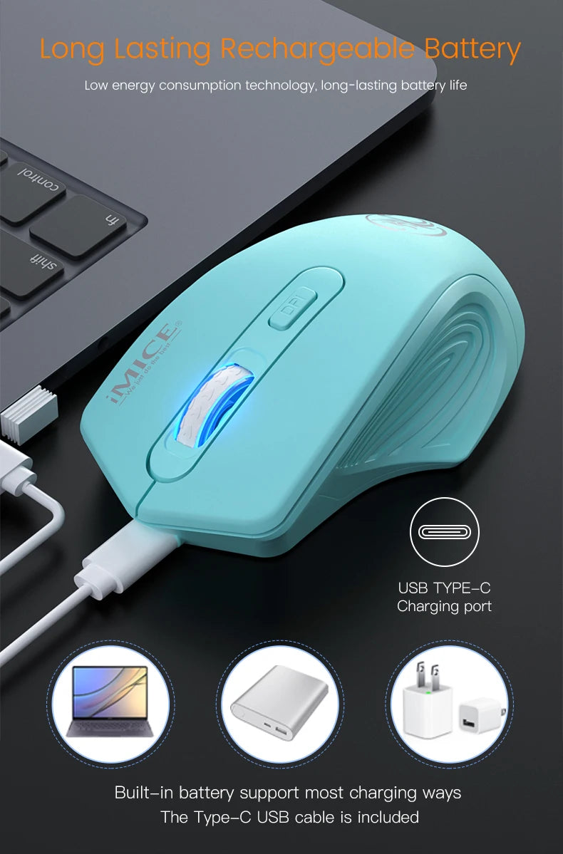 Silent Rechargeable 1600 DPI Adjustable 2.4GHz Wireless Connection Mouse Quiet Click For Office Use Compatible Wiht PC Laptop
