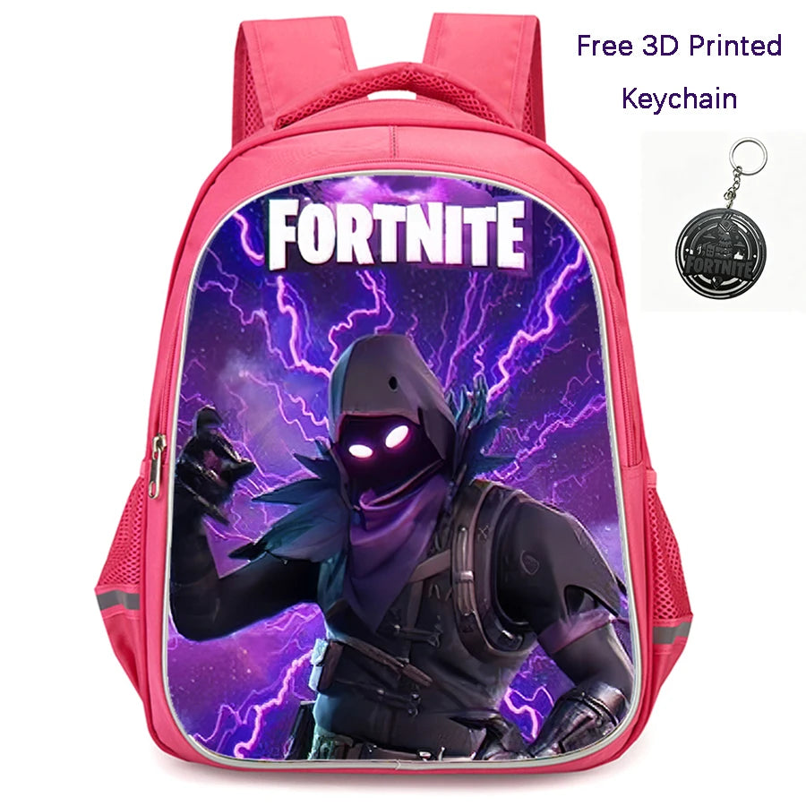 FORTNITE 16-inch Durable Lightweight Backpack, Dual Zipper Pockets, Cartoon Style for Boys & Girls 6-10,Free 3D Printed Keychain