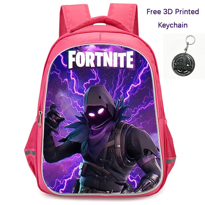 FORTNITE 16-inch Durable Lightweight Backpack, Dual Zipper Pockets, Cartoon Style for Boys & Girls 6-10,Free 3D Printed Keychain