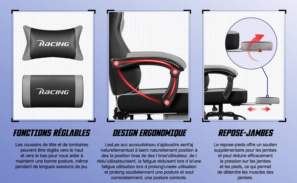 Daccormax Ergonomic Gaming Chair with Footrest, Reclining 170°, PU Leather Racing Chair with Lumbar Support and Headrest