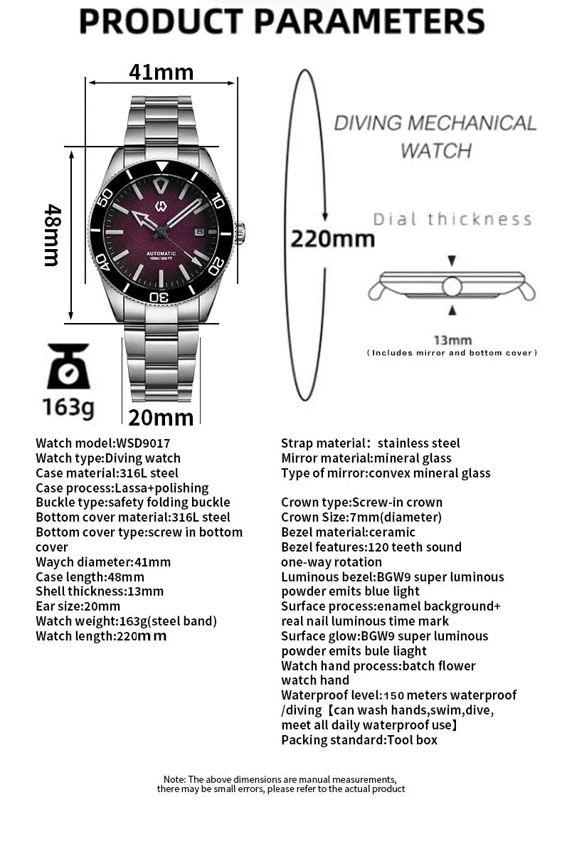 Upgraded Model 9017 Automatic Watch Mechanical 3D Dimensional Luminous Watch Needle Ceramic Bezel 150 Meters Waterproof Diving
