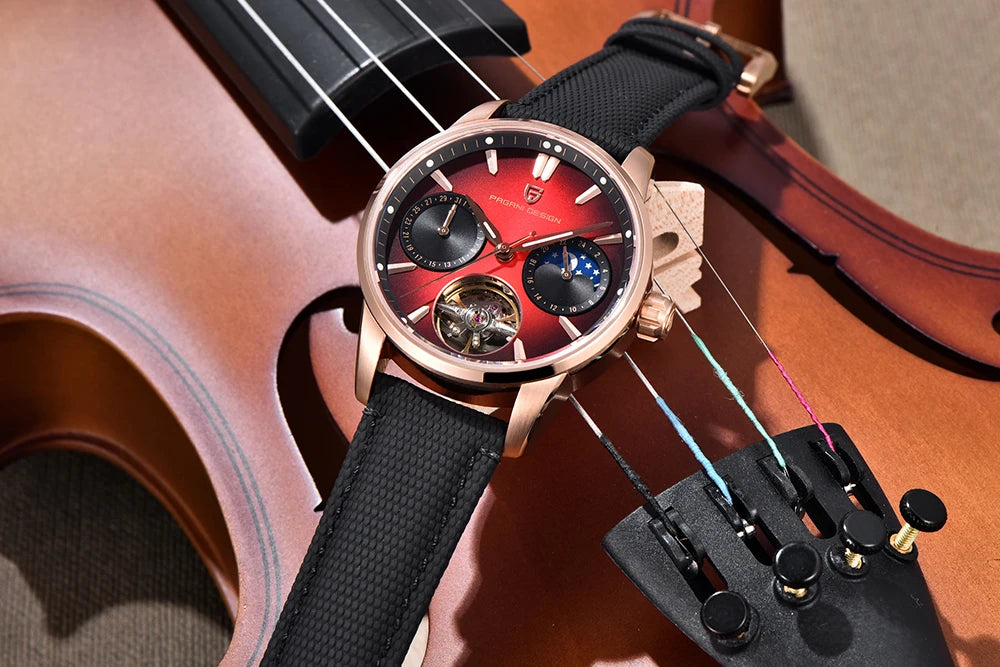 PAGANI DESIGN – luksuzni mehanički sat za muškarce, 41 mm, safirno staklo, kožni remen, vodootporan, u pilotskom stilu, s turbiljonom i fazama mjeseca