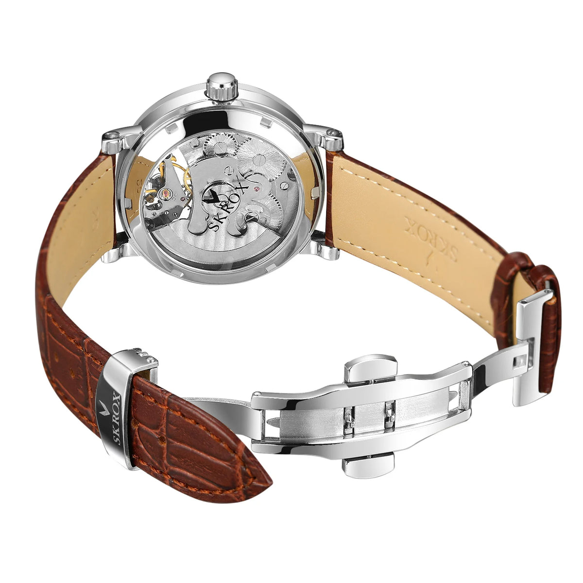 Avtomatska mehanska zapestna ura SKROX za moške, skeletni model s funkcijo GMT, prikazom luninih faz in turbijonom – elegantna in izvirna luksuzna ura najvišjega razreda.