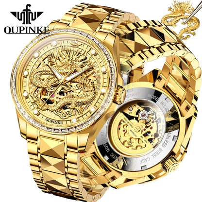 OUPINKE Herrenarmbanduhr, Top-Marke, Luxus, Gold, Wolframstahl, originale automatische mechanische Armbanduhr mit Zifferblatt im Drachenmuster