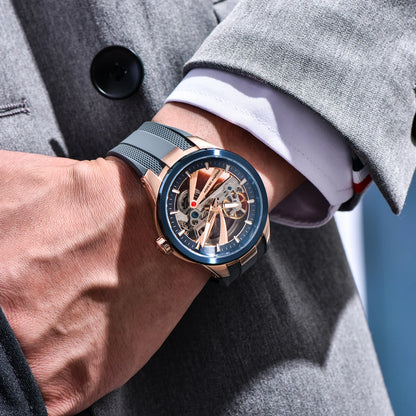 Ceas pentru bărbați PAGANI DESIGN – Model mecanic automat de lux, de tip „schelet” (cu mecanism expus), dotat cu un tourbillon, sticlă de safir cu tratament antireflex, rezistent la apă și luminescent.