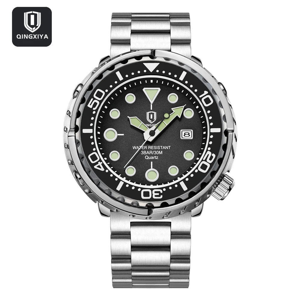 QINGXIYA Mens Watches Fashion Waterproof Luminous Date Rotating Dial High Quality Stainless Steel Luxury Brand Men Quartz Watch