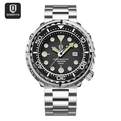 QINGXIYA Mens Watches Fashion Waterproof Luminous Date Rotating Dial High Quality Stainless Steel Luxury Brand Men Quartz Watch