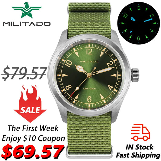 Militado ML08 Vintage Watch VH31 Quartz Movement Domed Sapphire Crystal Wristwatch BGW9 Luminous Vintage 38mm Quartz Watches