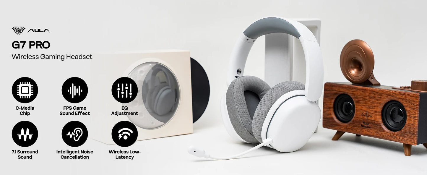 Cuffie da gaming AULA G7 Pro 7.1 Surround Sound wireless Bluetooth 5.3 con microfono a cancellazione del rumore per PS5/PS4/PC/Switch