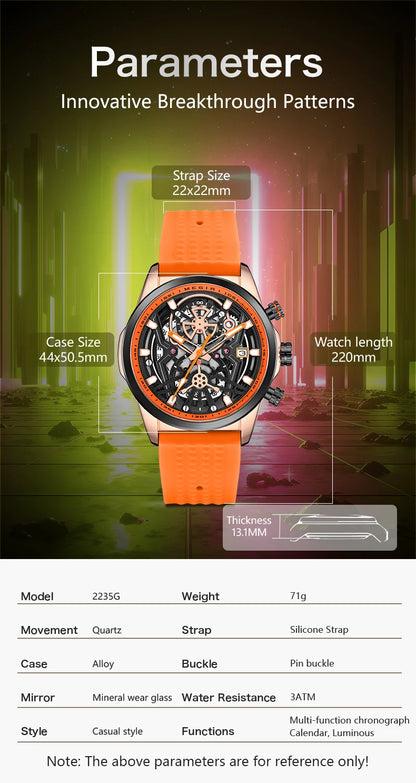 MEGIR Chronograph Quartz Watch Men Fashion Waterproof Yellow Silicone Strap Sport Wristwatch with Luminous Hands Auto Date 2235
