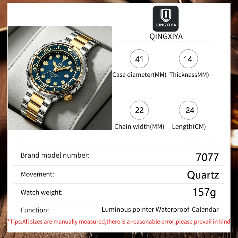 QINGXIYA Mens Watches Fashion Waterproof Luminous Date Rotating Dial High Quality Stainless Steel Luxury Brand Men Quartz Watch